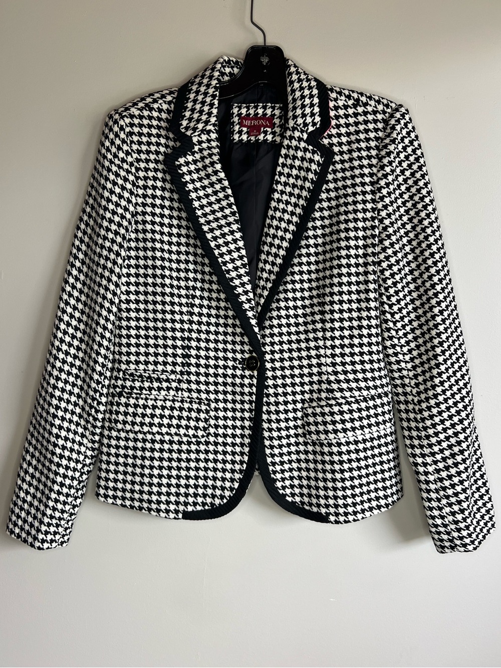 Merona Houndstooth Blazer Black White Tailored Jacket Preppy Chic Size 6